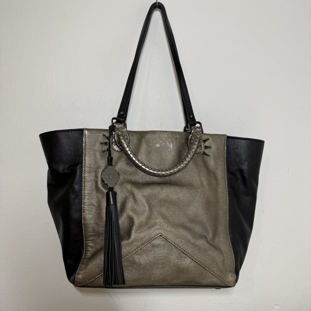 Rafe Large Genuine Leather Tote Shoulder Bag Gold Black Color Block Tassel Charm